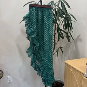 Pop St Barth Teal Ruffled Asymmetrical Midi Skirt